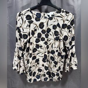 LC Lauren Conrad Cream Blouse with Navy Floral Accents